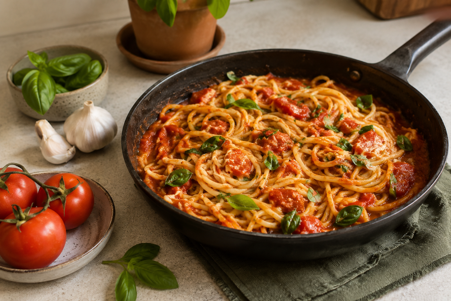One-pan tomato basil pasta cooking example
